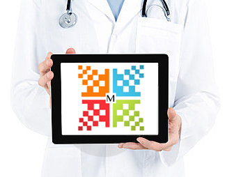 Photograph from the 2013 Medexi site showing the four-square Medexi mark on a tablet held by a clinician